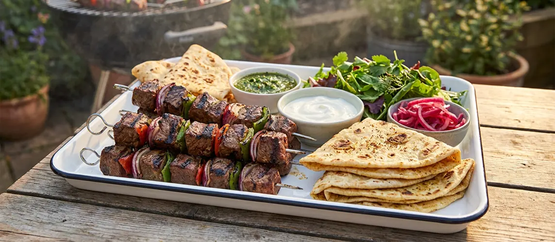 BBQ Beef Skewers with Cumin Flatbreads