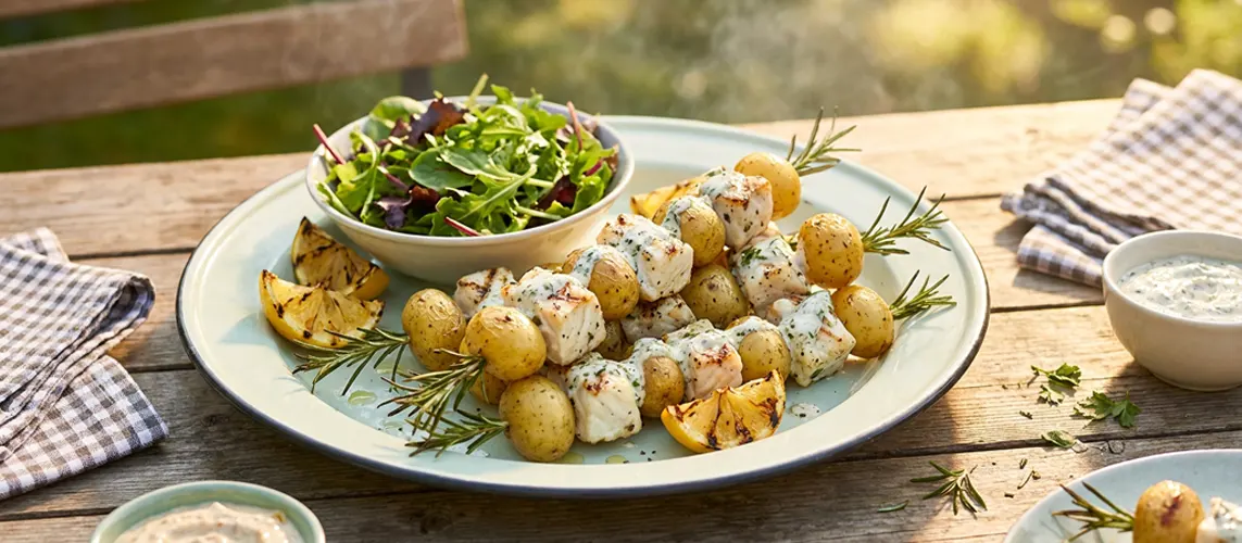Marinated Fish Kebabs with New Potatoes