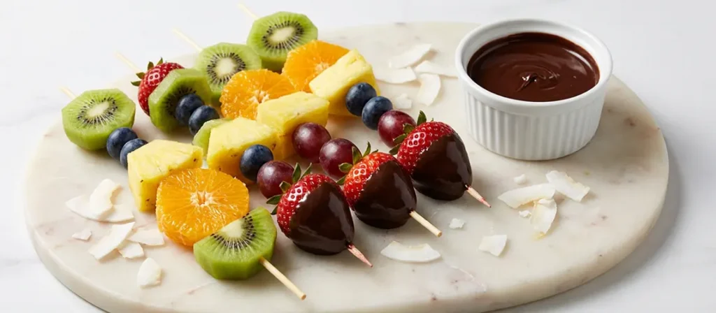 Rainbow Fruit Skewers with Chocolate Strawberries
