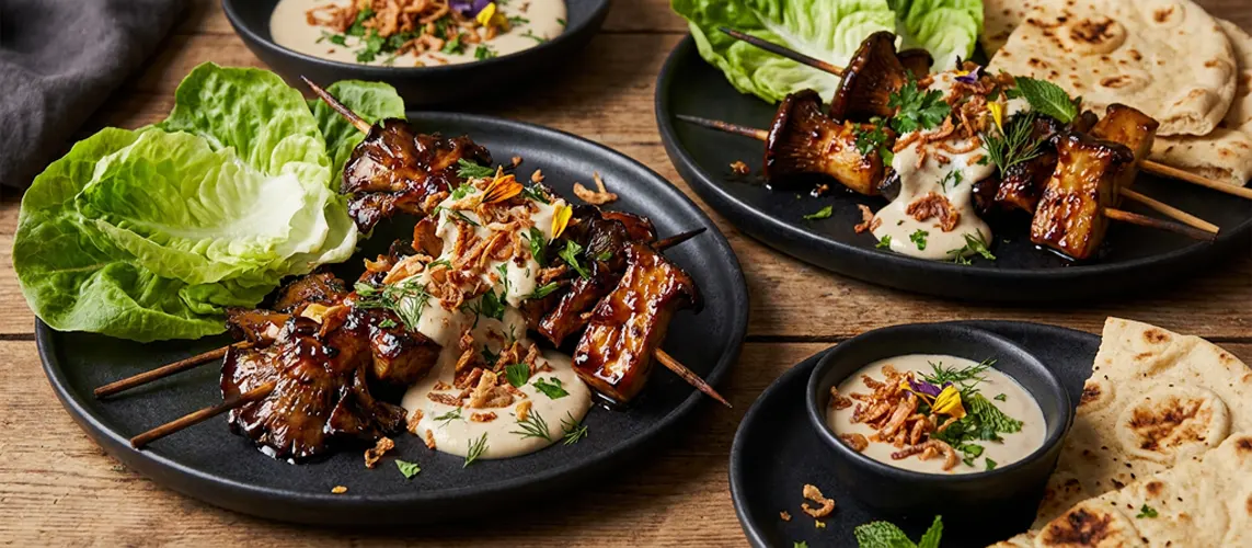 Wild Mushroom Kebabs with Porcini Tahina